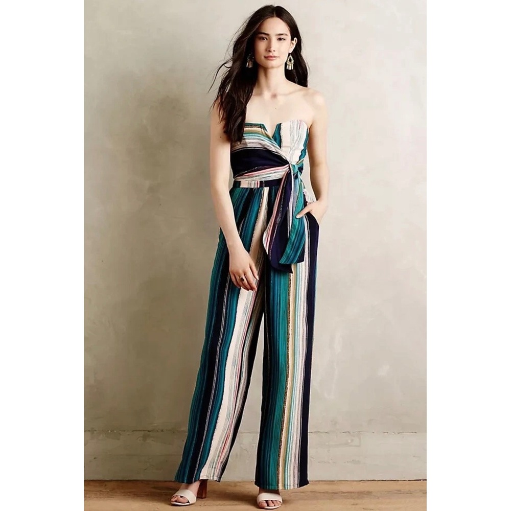 Anthropologie Elevenses Strapless Striped Wide Leg Jumpsuit Teal Navy XSP